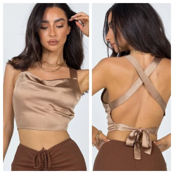 Princess Polly Tops - Princess Polly Raelynn Satin Brown Cowl Neck Cross Lace Up Back Halter Crop Top